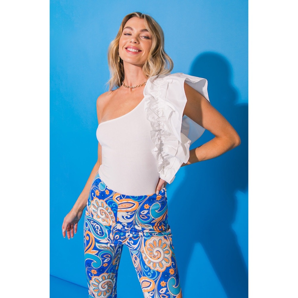 Flying‎ Tomato DREAMWORLD OFF THE SHOULDER WOVEN BODYSUIT ribbed white ruffle XS